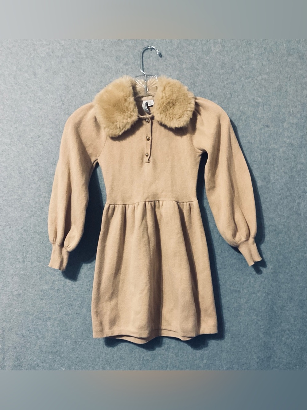 Janie and Jack Camel Knitted Dress with Faux Fur Collar Sz 7